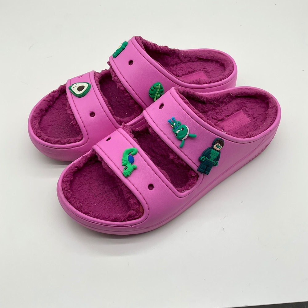 Crocs Classic Cozzzy Sandal Pink Faux‎ Fur Lined Slides Jibbitz Mens 9 W 11
